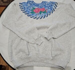 Gray Sweatshirt with Blue and Pink Floral Design